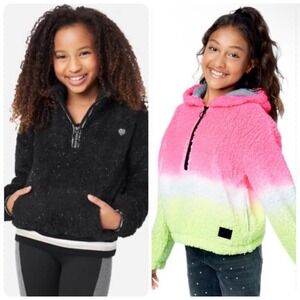 2 NWT Justice Girls Sherpa Pullover Hoodie‎ Tie Dye Neon Pink Yellow L 12 14